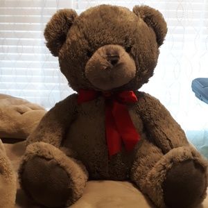 15" (Sitting) Gray Plush Bear w/ Red Ribbon